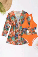 Carrot 3pcs Tropical Contrast Trim Halter Bikini Set with Cover up - SELFTRITSS