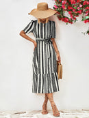 Striped Tie Belt Round Neck Puff Sleeve Dress - SELFTRITSS   