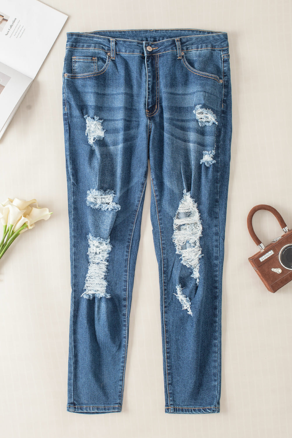 Blue Plus Size Distressed Ripped Skinny Jeans - SELFTRITSS
