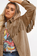 Khaki Fringe Trim Plus Size Suede Shacket - SELFTRITSS