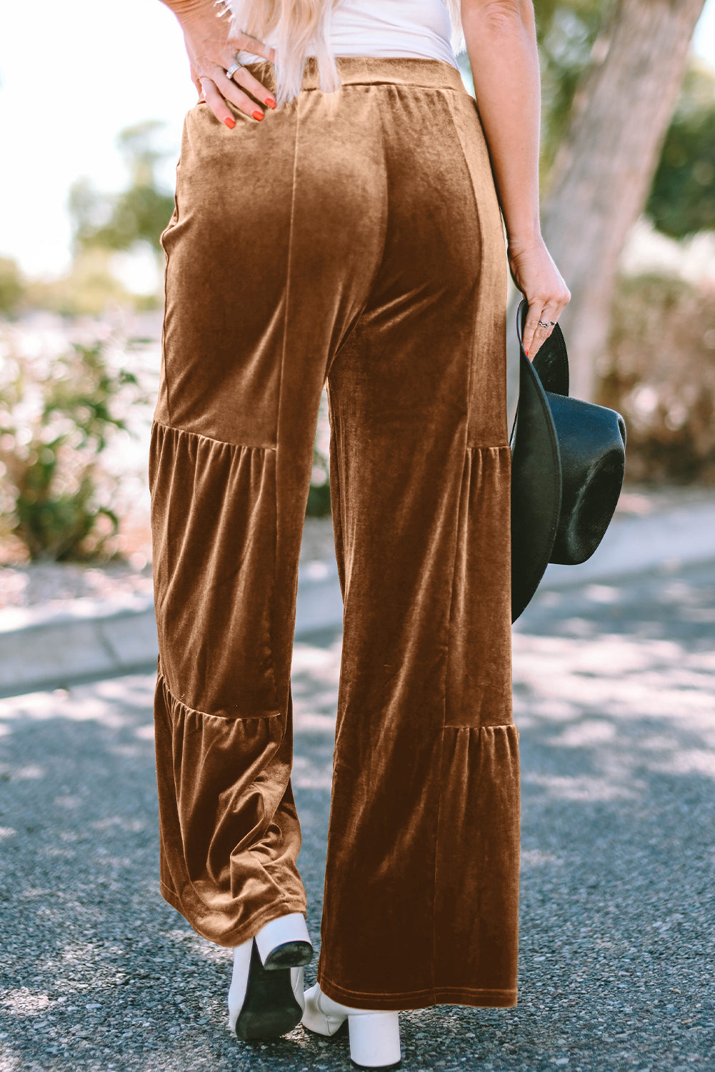 Chestnut Ruffle Hem Wide Leg Velvet Pants - SELFTRITSS