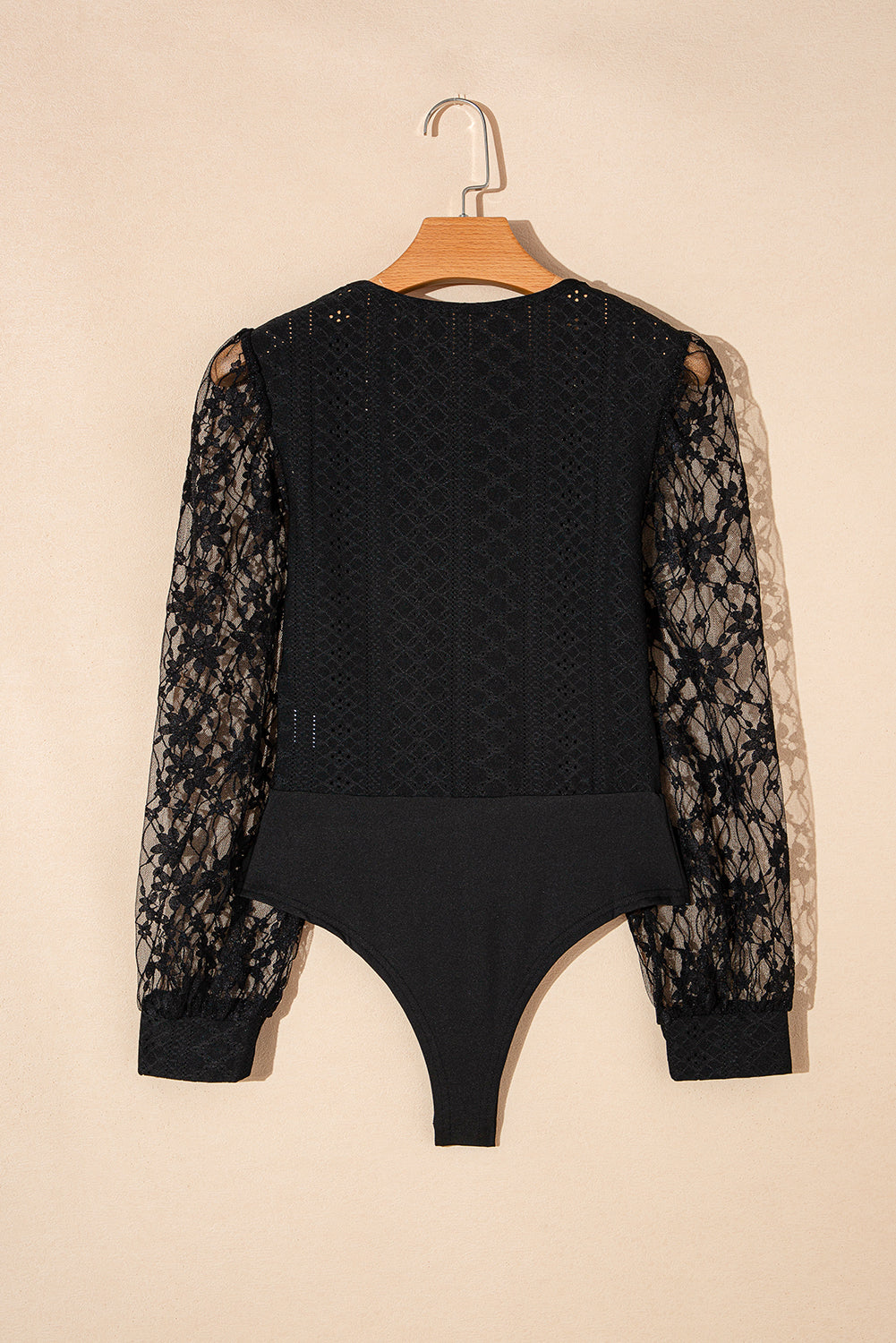 Black Frenchy Contrast Lace Bishop Sleeve Bodysuit