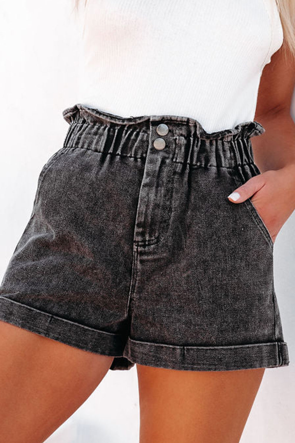 Black Vintage Washed Frilled High Waist Denim Shorts - SELFTRITSS