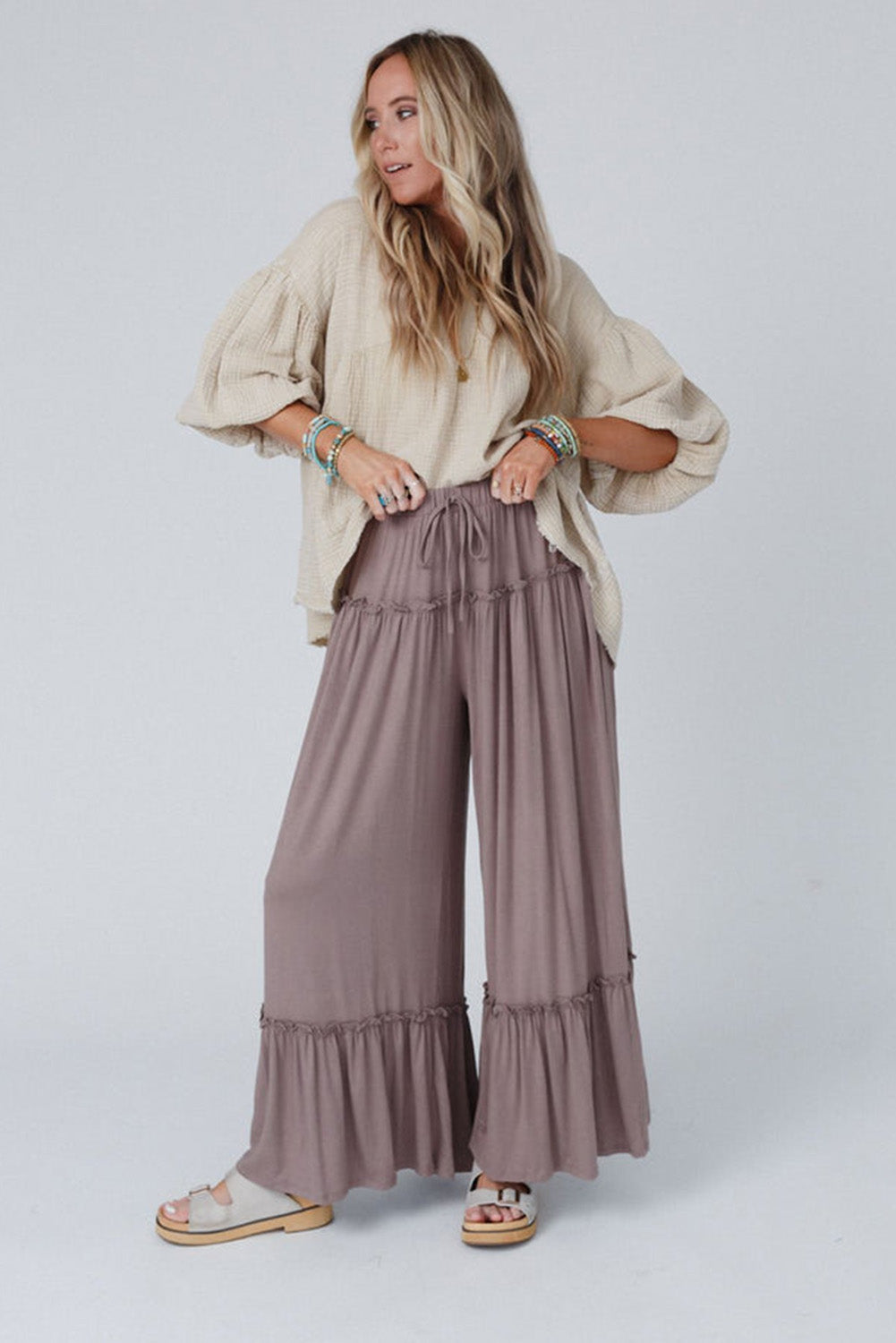 Khaki Frilled Drawstring High Waist Wide Leg Pants - SELFTRITSS   