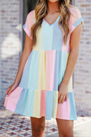 Multicolor Striped Color Block Tiered Mini Dress - SELFTRITSS
