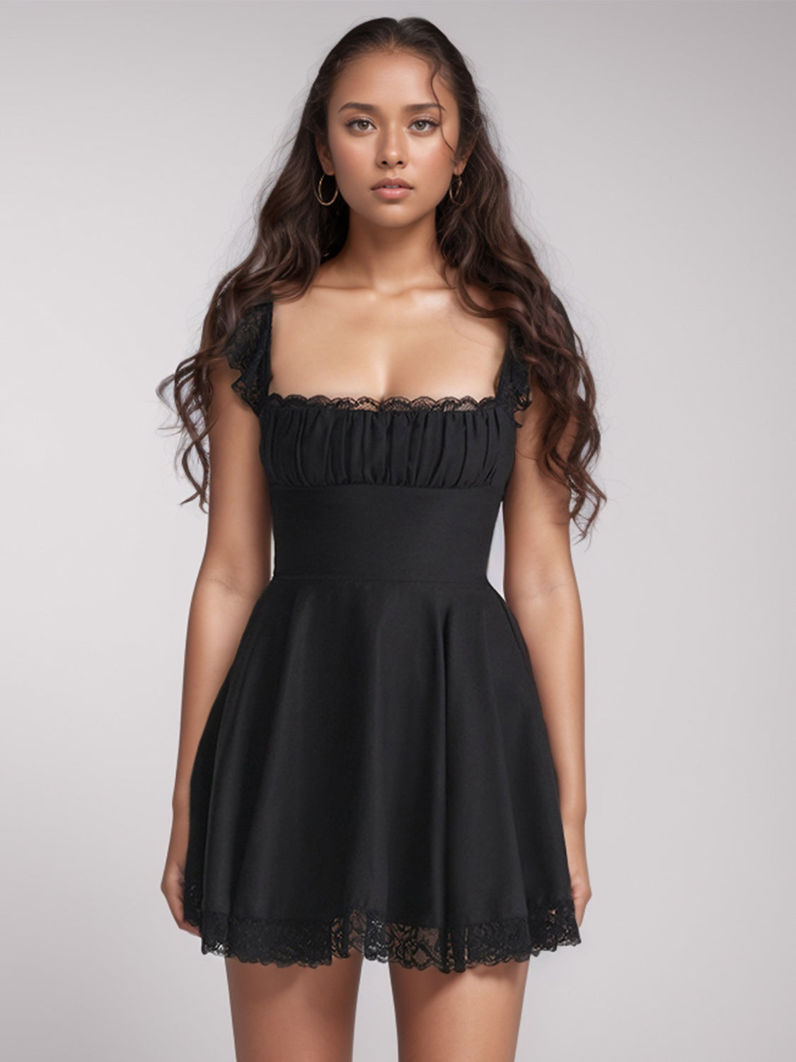 Lace Detail Square Neck Cap Sleeve Mini Dress - SELFTRITSS   