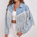 Fringe Detail Collared Neck Long Sleeve Denim Jacket - SELFTRITSS