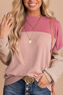 Pink Color Block Long Sleeve Ribbed Loose Top - SELFTRITSS   