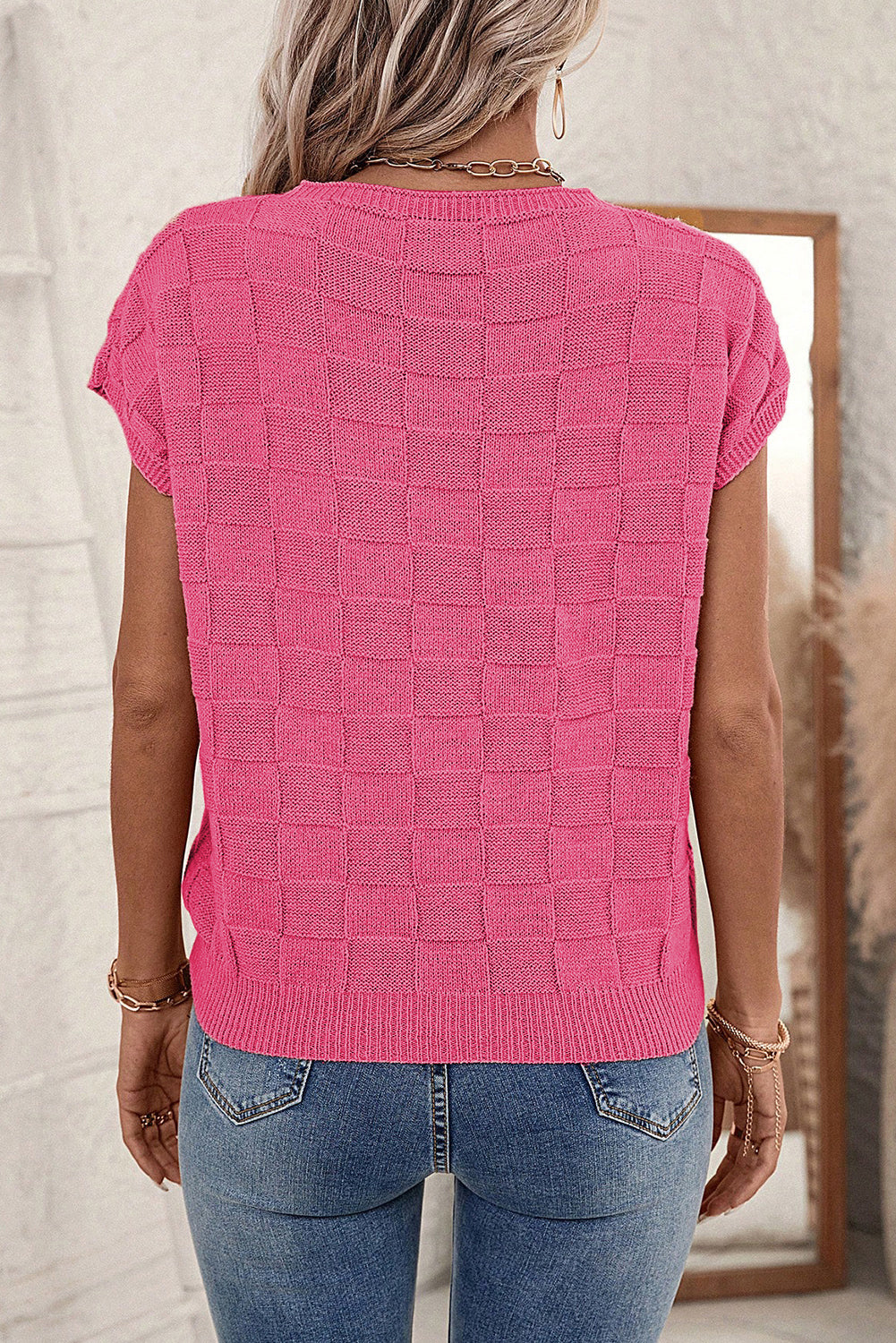 Bright Pink Lattice Textured Knit Short Sleeve Sweater - SELFTRITSS   