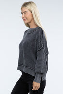 Sage Washed Side Slit Oversized Cropped Sweater