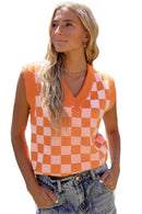 Russet Orange Checkered V Neck Knitted Sweater Vest - SELFTRITSS   