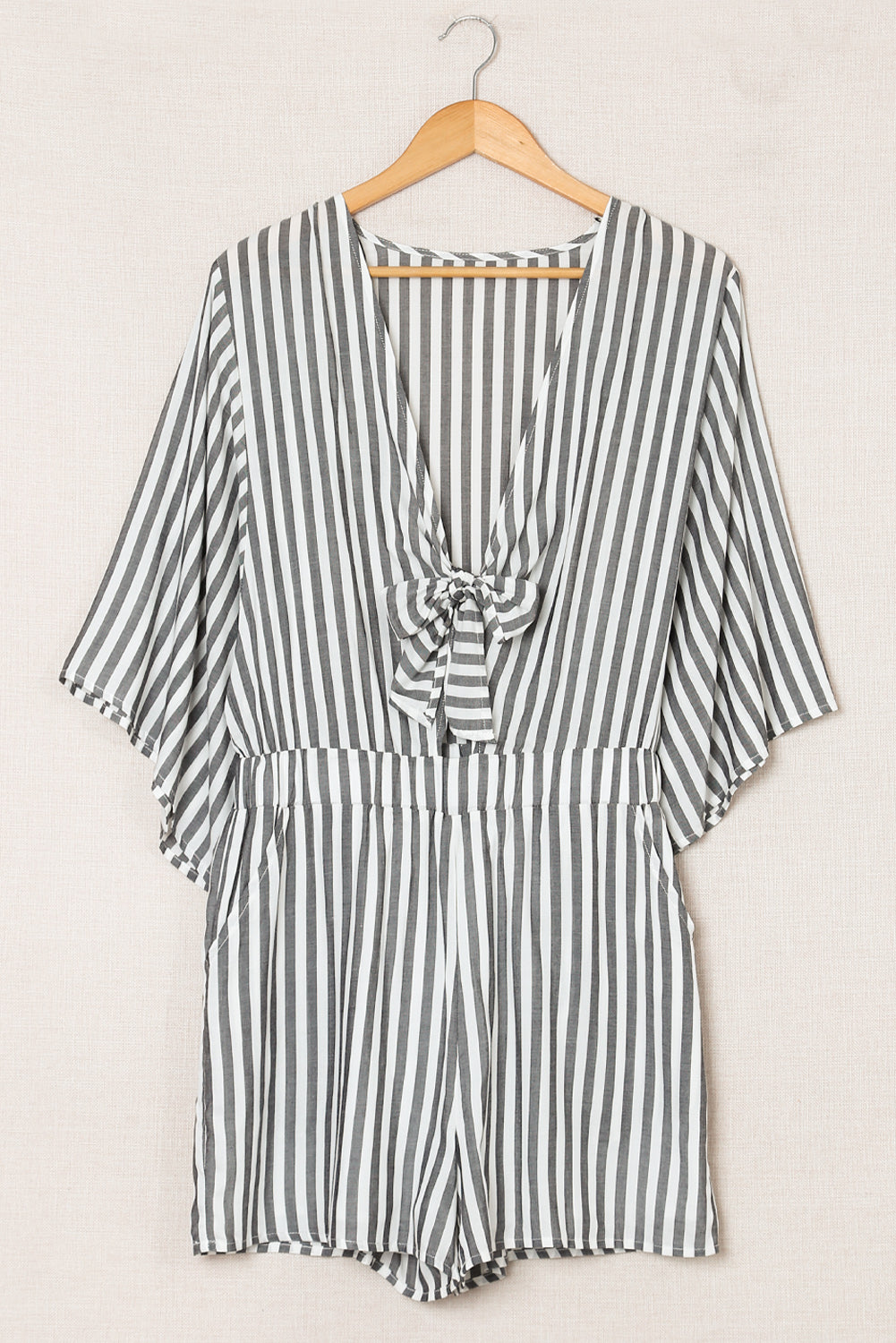 Gray 3/4 Wide Kimono Sleeves Tie Front Striped Romper with Pockets - SELFTRITSS   