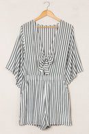 Gray 3/4 Wide Kimono Sleeves Tie Front Striped Romper with Pockets - SELFTRITSS   