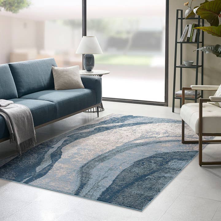 Abstract Grace Wave Area Rug, Blue