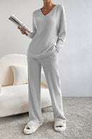 Light Grey Ribbed Knit V Neck Slouchy Two-piece Outfit - SELFTRITSS   