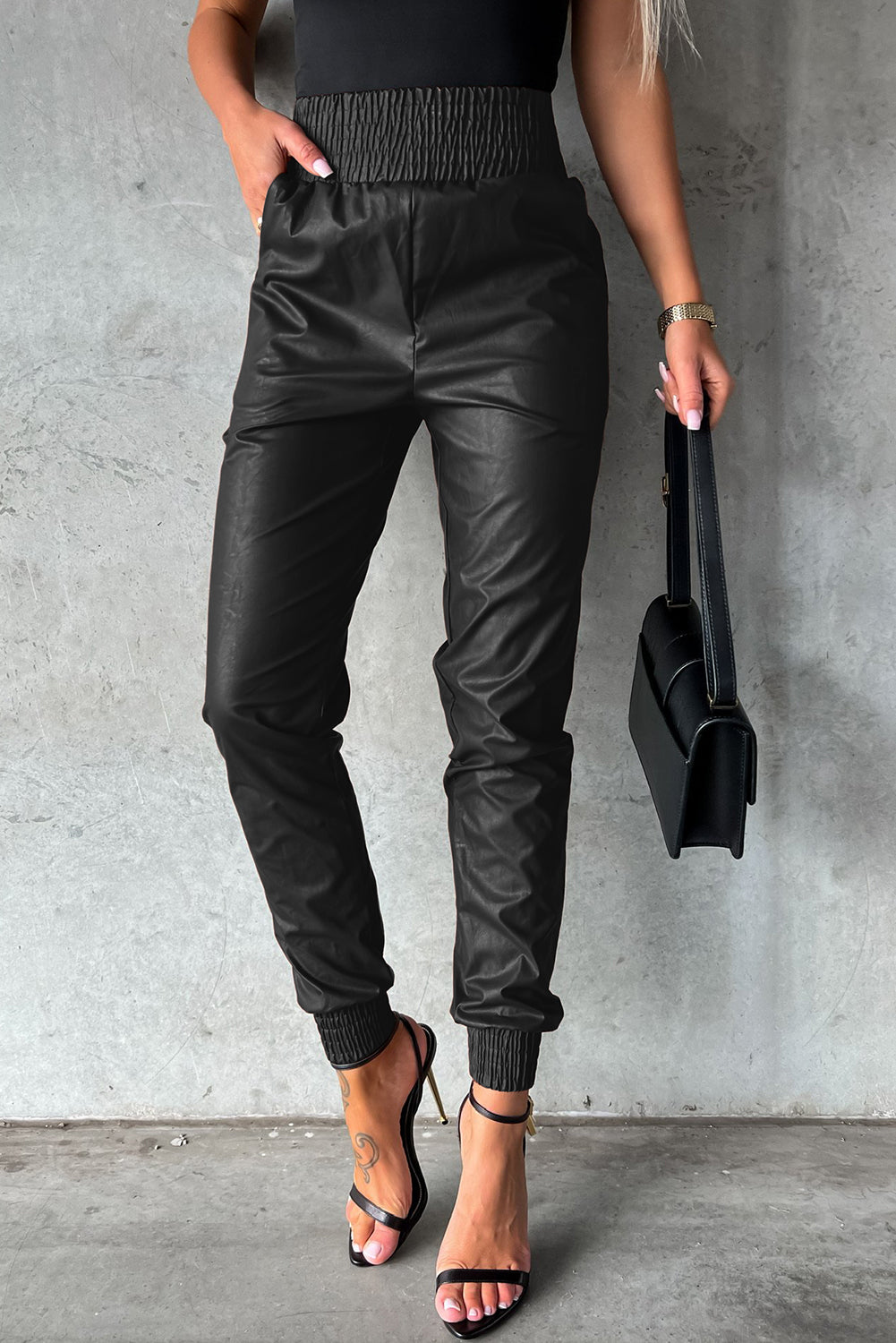 Black Smocked High-Waist Leather Skinny Pants - SELFTRITSS