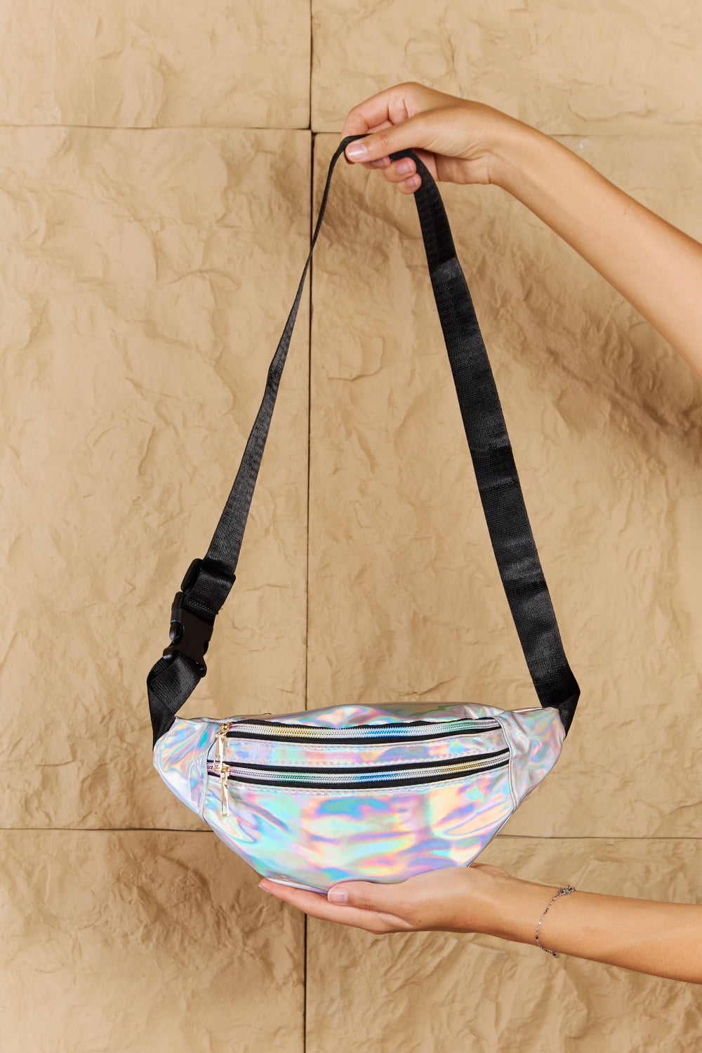 Fame Good Vibrations Holographic Double Zipper Fanny Pack in Silver - SELFTRITSS   