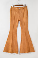 Brown Exposed Seam Flare Suede Pants with Pockets - SELFTRITSS   