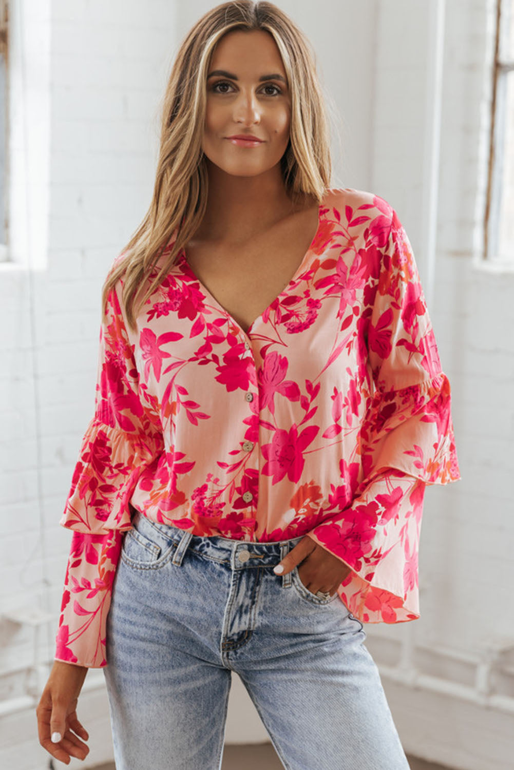 Pink Floral Print Tiered Bell Long Sleeve Buttoned Bodysuit - SELFTRITSS