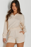 Apricot Casual High Neck Henley Top and Short Outfit - SELFTRITSS