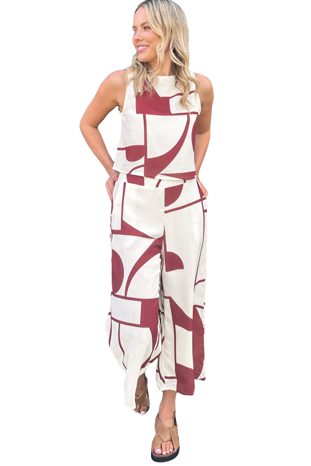 White Abstract Printed Button Back Vest and Wide Leg Pants Set - SELFTRITSS