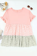 Pink Ruffled Short Sleeve Leopard Splicing Flowy Plus Size Top - SELFTRITSS   