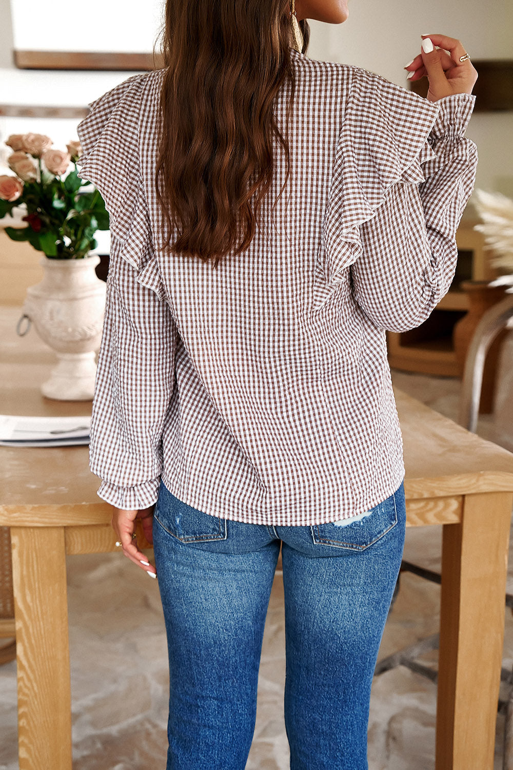 Plaid Notched Flounce Sleeve Shirt - SELFTRITSS