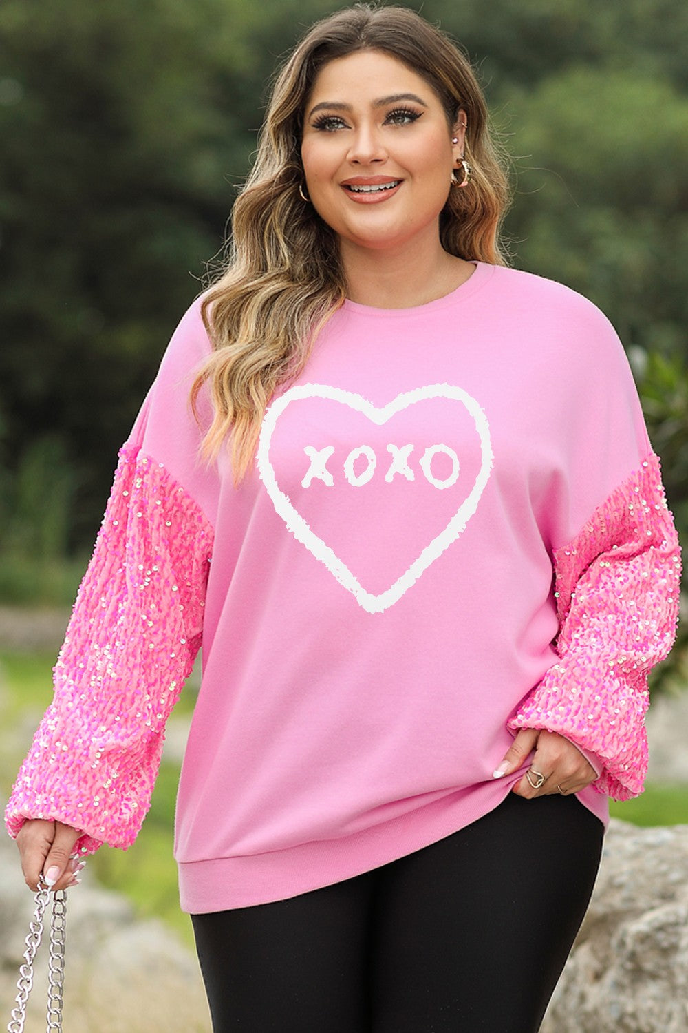 Plus Size XOXO Heart Sequin Round Neck Sweatshirt
