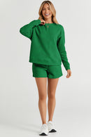 Green Textured Long Sleeve Top and Drawstring Shorts Set - SELFTRITSS