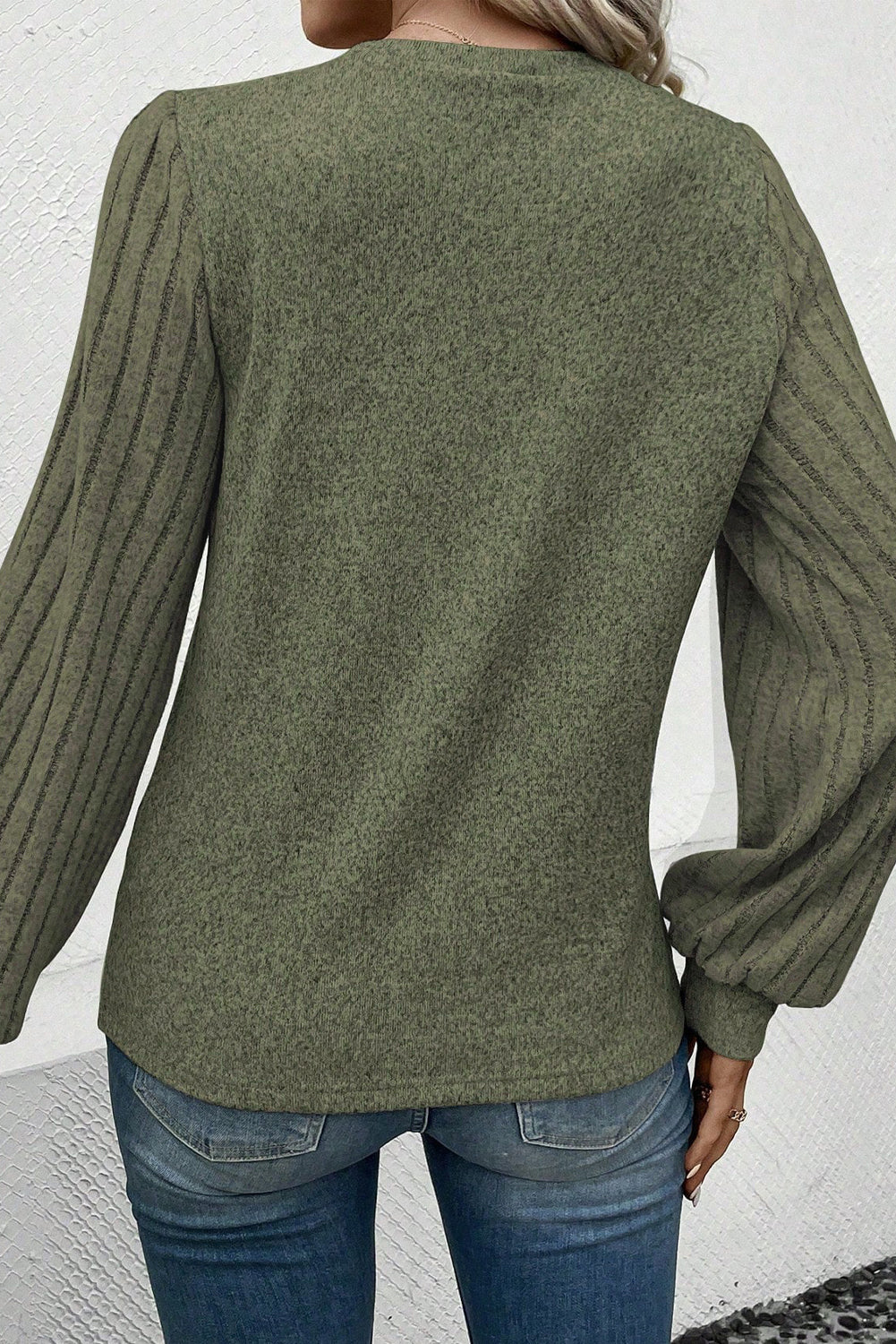 Jungle Green Contrast Ribbed Bishop Sleeve Top - SELFTRITSS