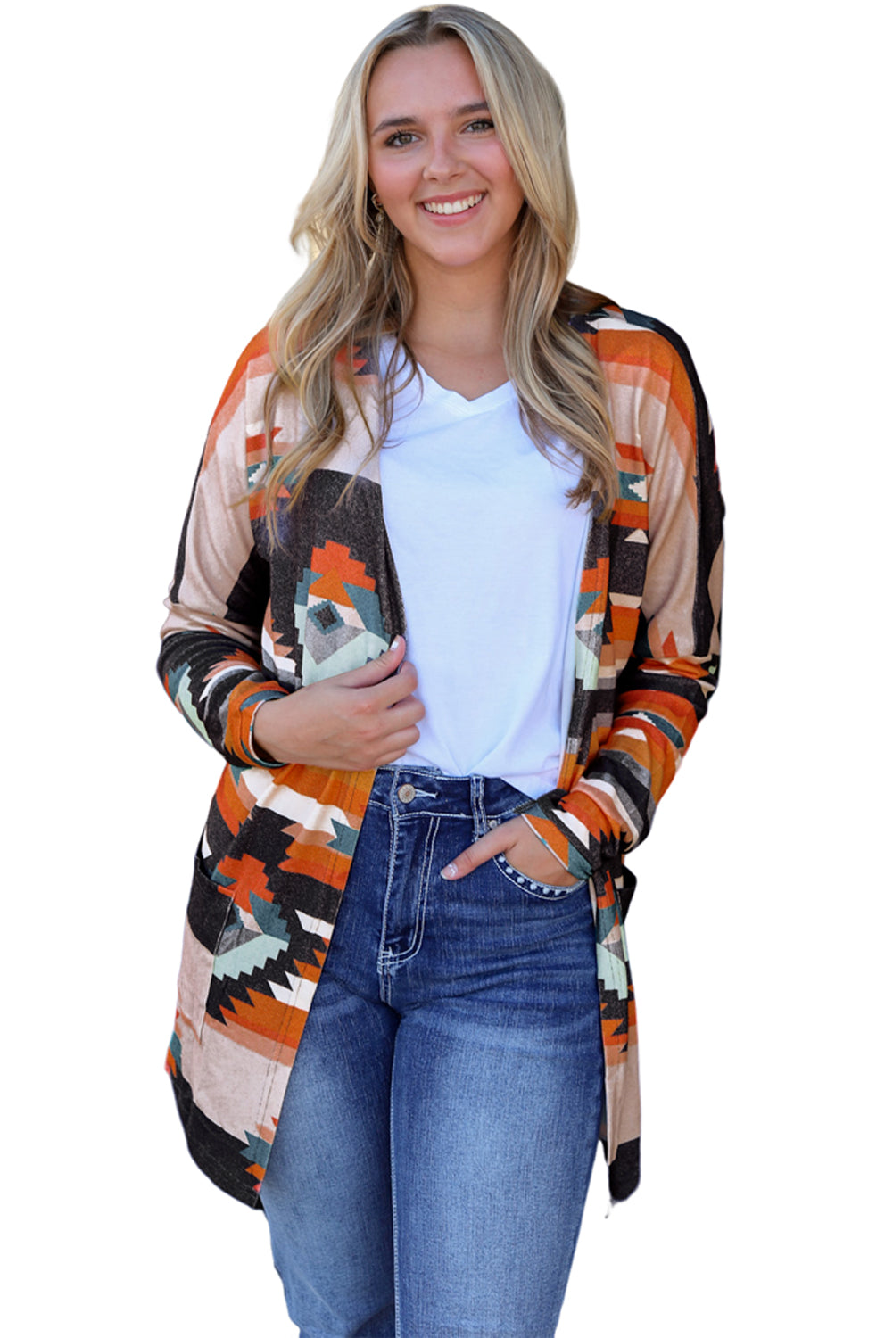 Orange Western Tribal Aztec Print Cardigan - SELFTRITSS   