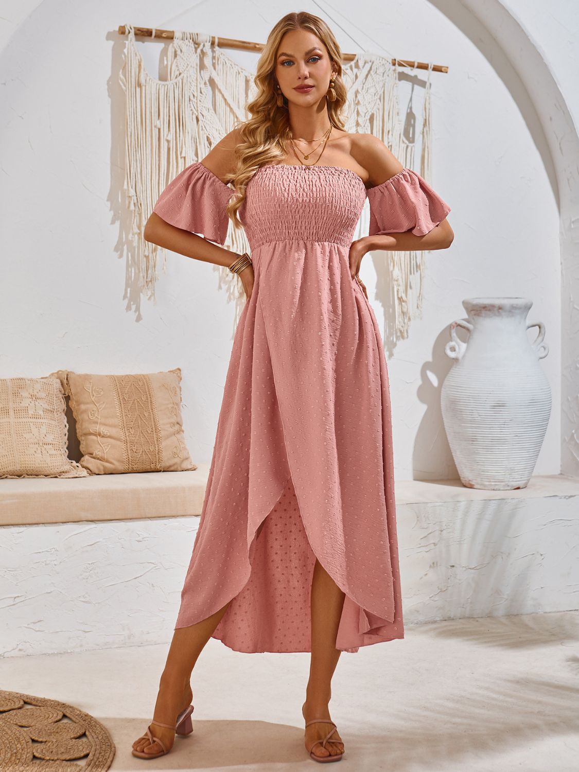 High-Low Smocked Short Sleeve Midi Dress - SELFTRITSS   