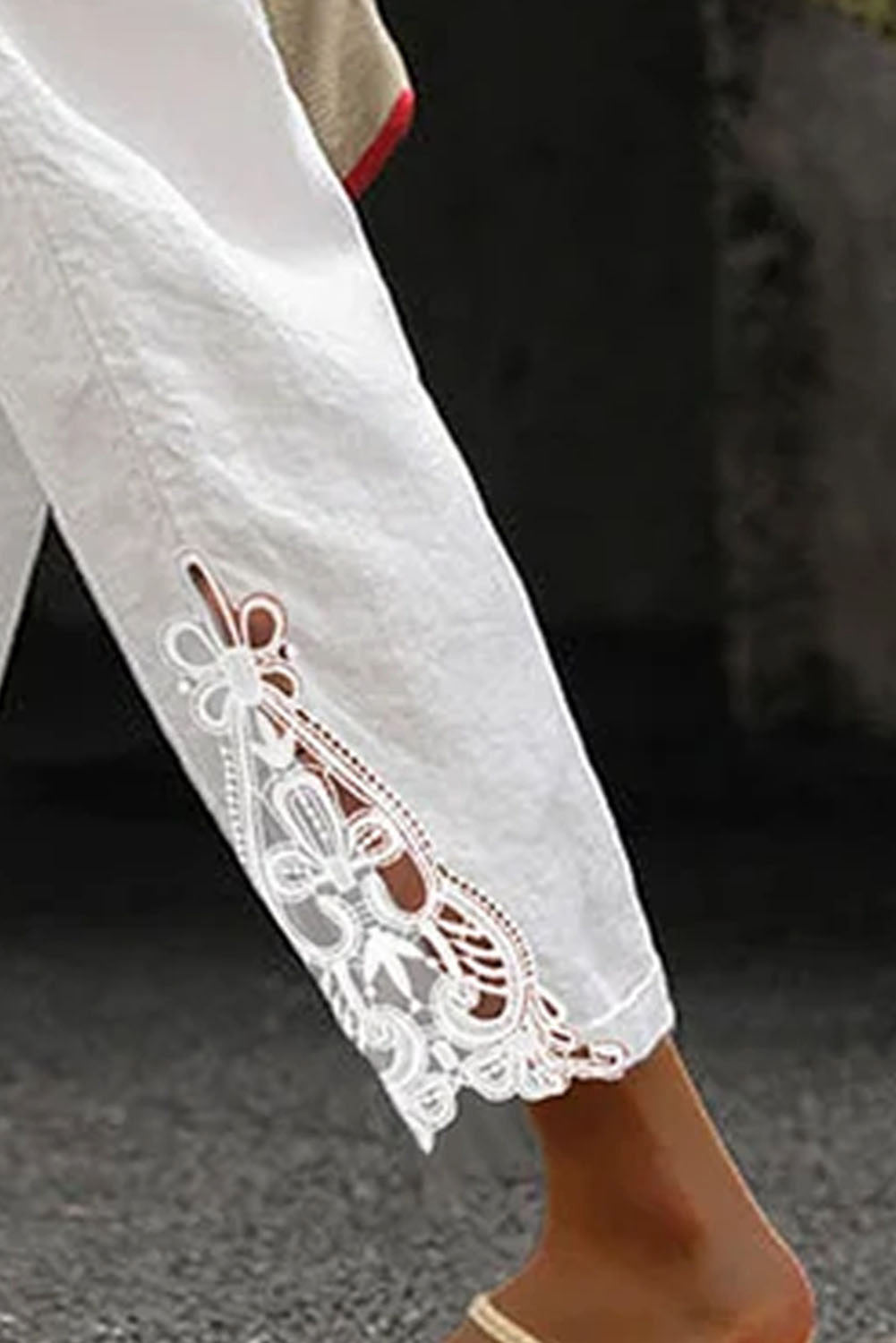 White Lace Splicing Drawstring Casual Cotton Pants - SELFTRITSS