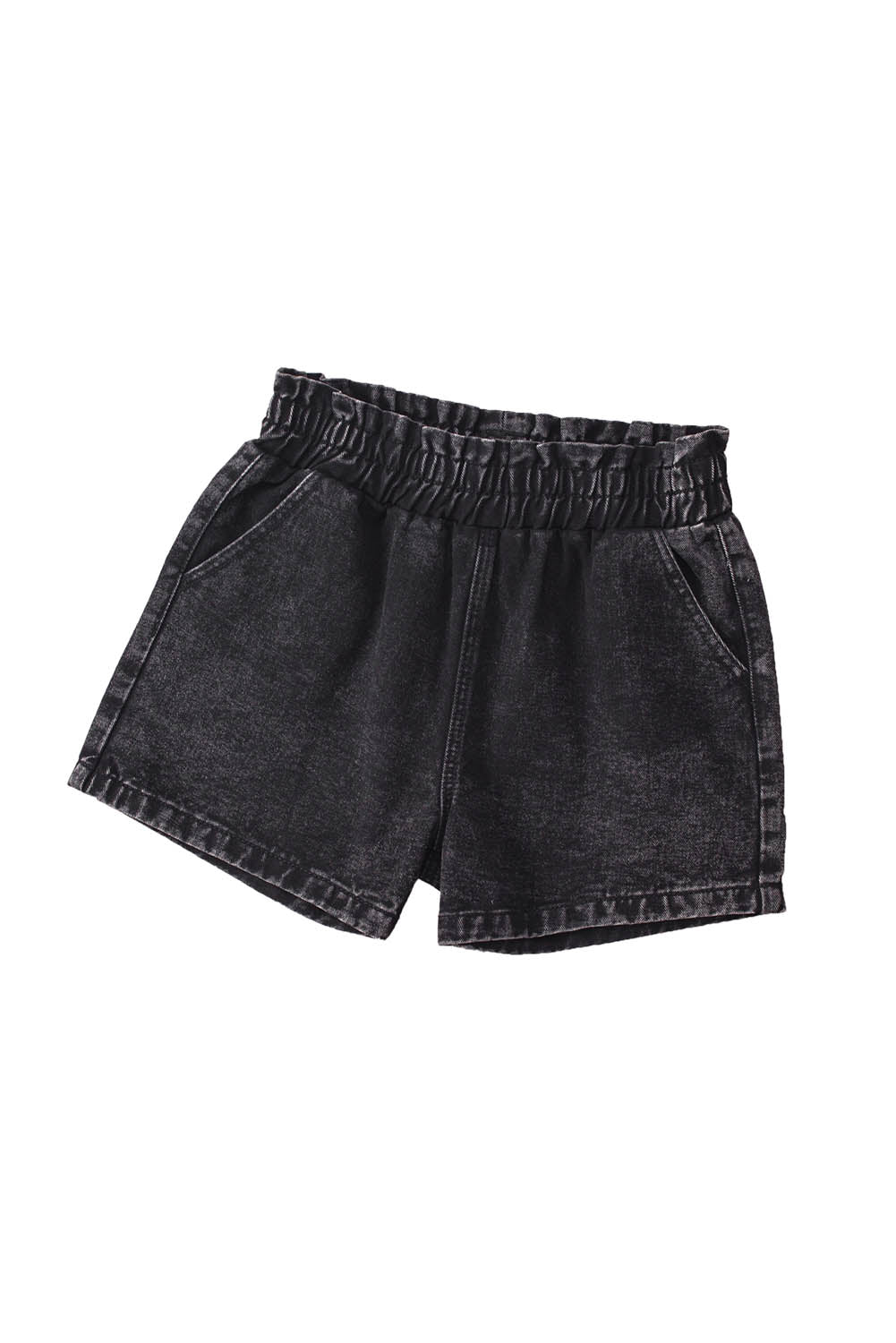 Black Retro Bleach-washed Ruffled Elastic High Waist Denim Shorts - SELFTRITSS