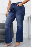 Dark Blue Plus Size Stitching Washed Flare Jeans - SELFTRITSS