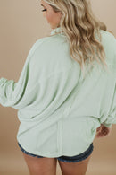 Green Plus Size Ribbed Pocketed Long Sleeve Henley Top - SELFTRITSS