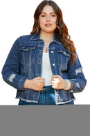 Dark Blue Plus Size Distressed Flap Pocket Denim Jacket - SELFTRITSS