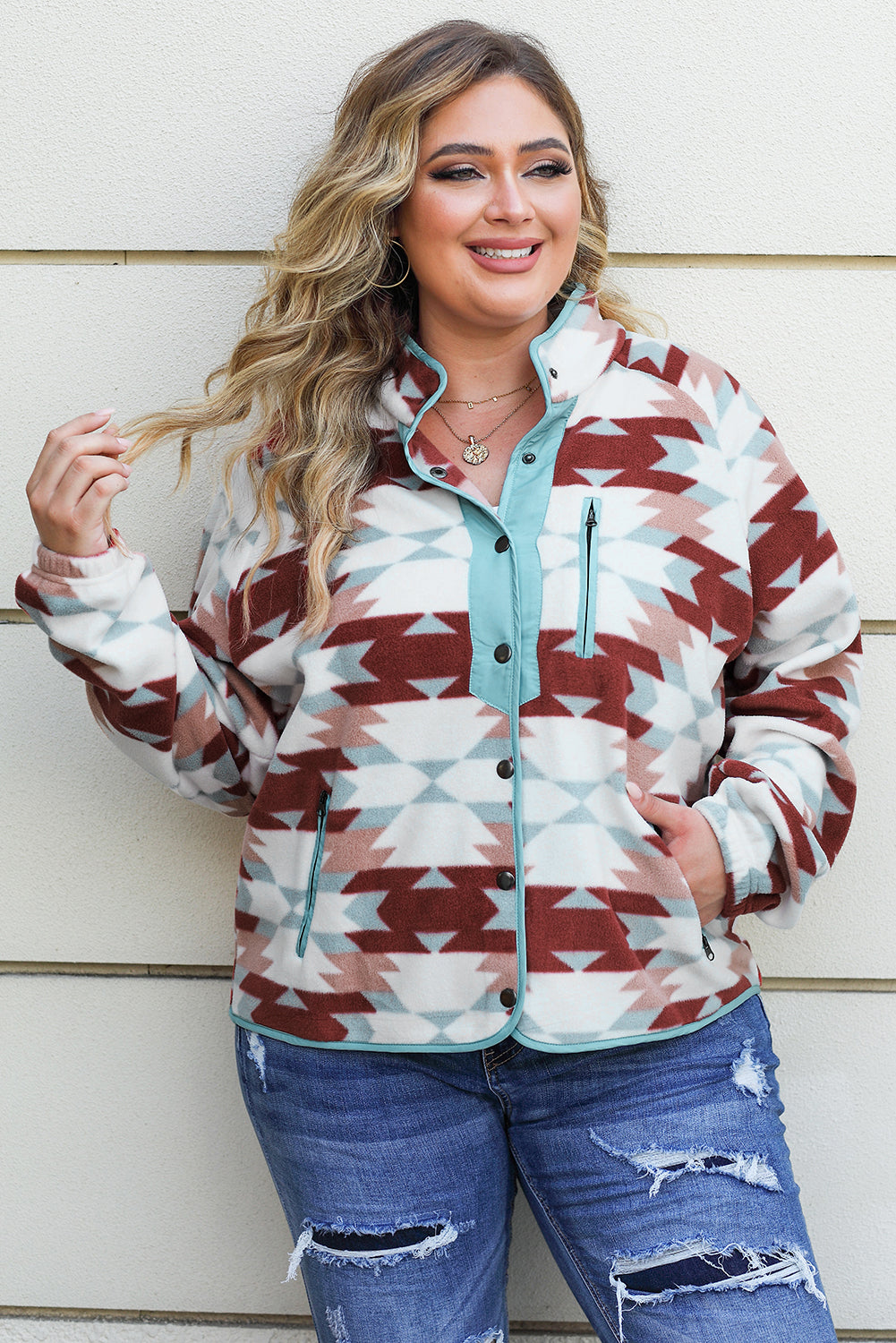 Fiery Red Geometric Aztec Pattern Plus Size Fleece Jacket - SELFTRITSS   