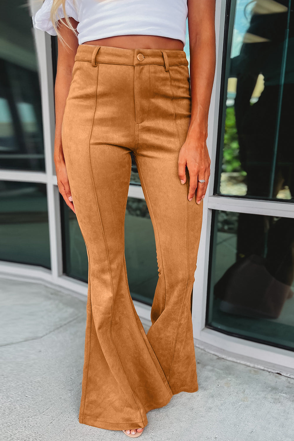 Brown Exposed Seam Flare Suede Pants with Pockets - SELFTRITSS   