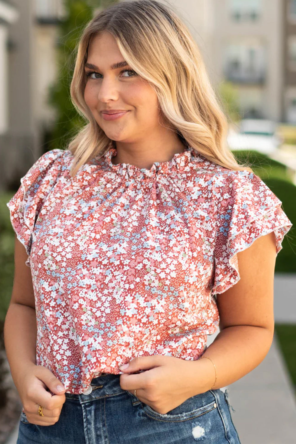 Pink Plus Size Floral Print Ruffled Sleeve Frilled Neck Blouse - SELFTRITSS