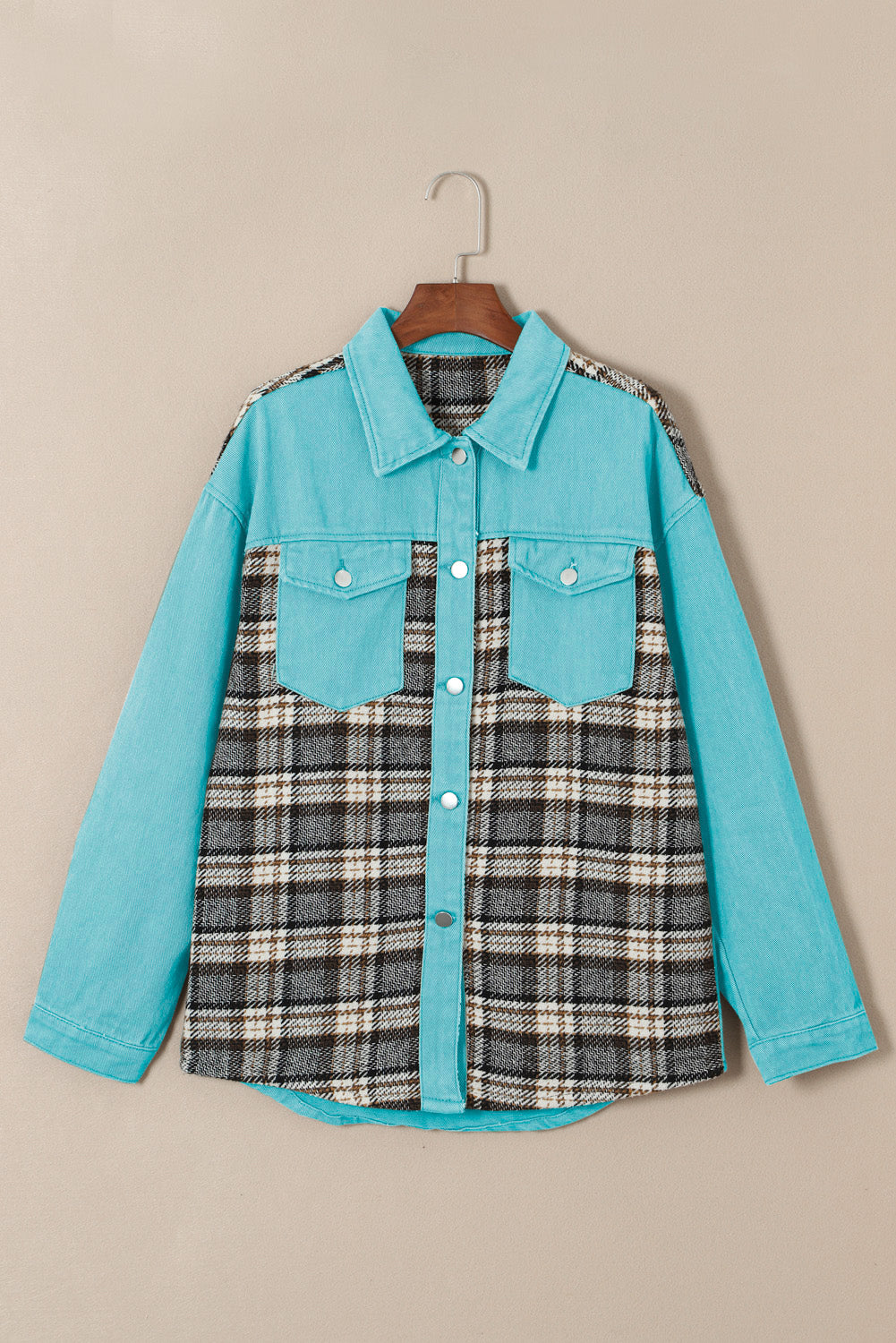 Sky Blue Plaid Patchwork Pockets Denim Jacket - SELFTRITSS   