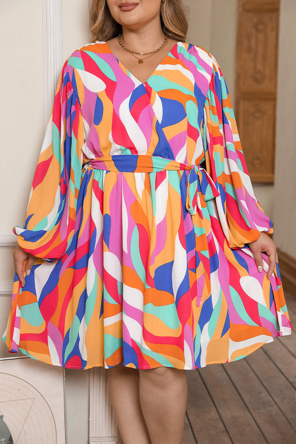 Multicolor Plus Size Abstract Print Oversized Sleeve Belted Dress - SELFTRITSS