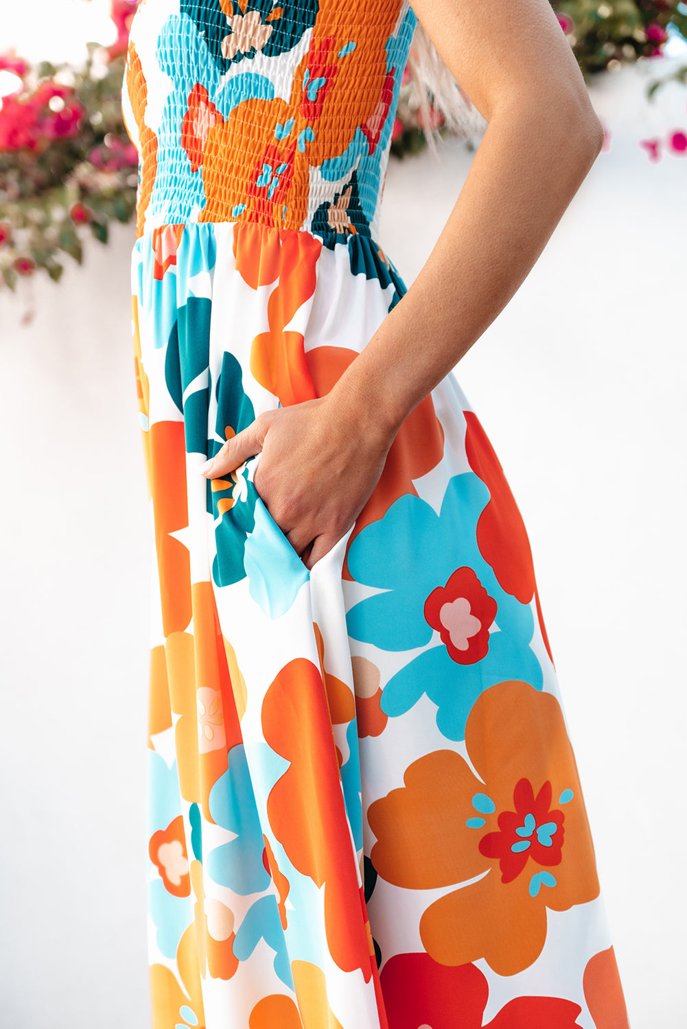Orange Floral Self Tied Straps Smocked Bust Maxi Dress - SELFTRITSS