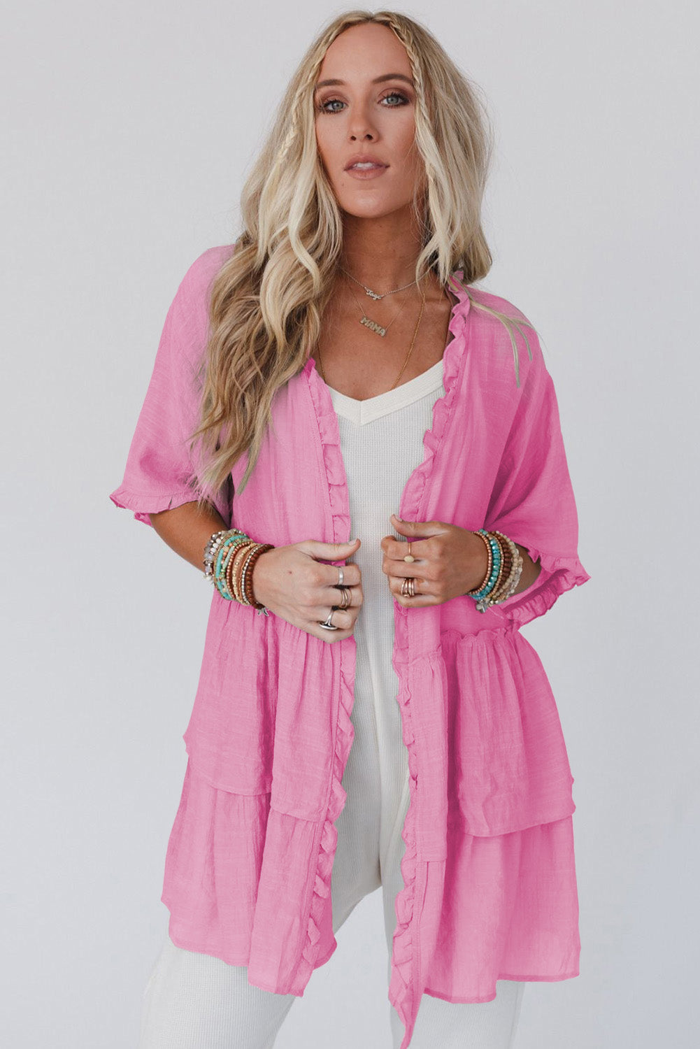 Pink Ruffled Trim Half Sleeve Open Front Kimono - SELFTRITSS