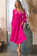 Rose Red Shirred V Neck Long Sleeve Velvet Dress - SELFTRITSS