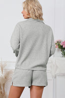 Gray Ribbed Zipper Sweatshirt and High Waist Shorts Set - SELFTRITSS