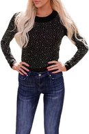 Black Rhinestone O-neck Long Sleeve Bodysuit - SELFTRITSS