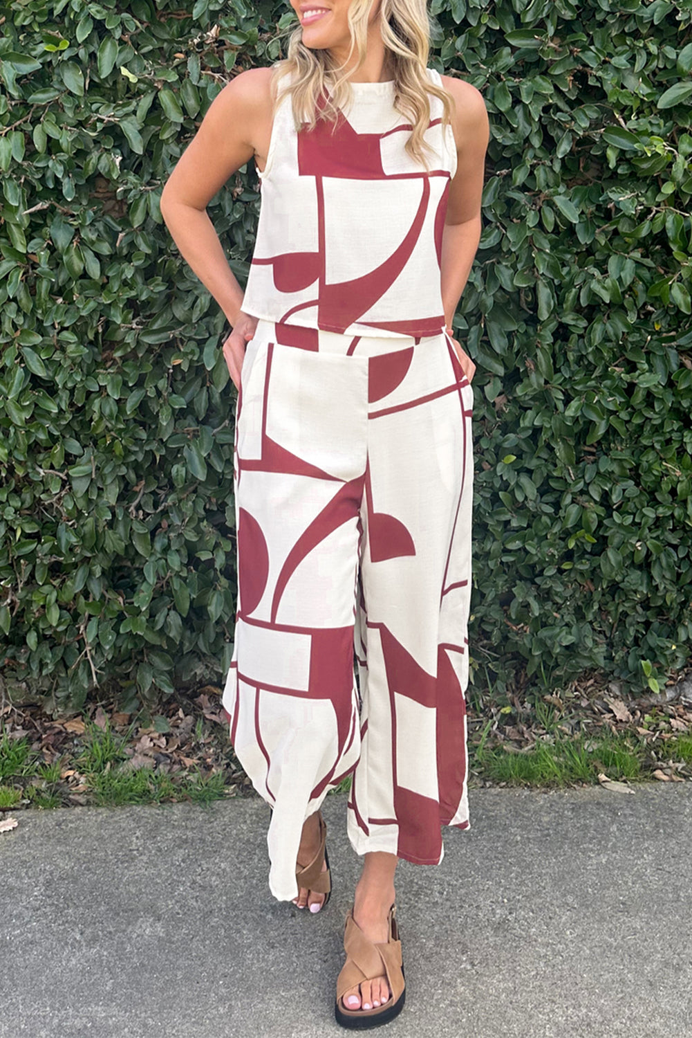 White Abstract Printed Button Back Vest and Wide Leg Pants Set - SELFTRITSS