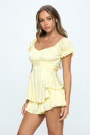 Off-the-Shoulder Puff Sleeved Tiered Mini Romper - SELFTRITSS   