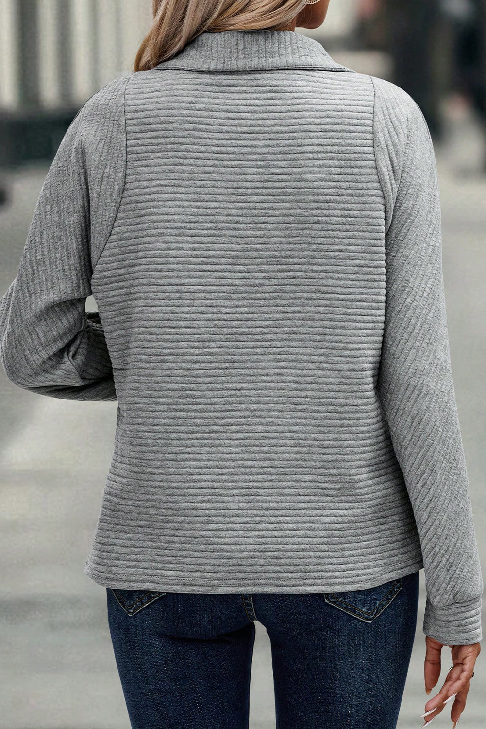 Medium Grey Ribbed Texture Quarter Zip Sweatshirt - SELFTRITSS